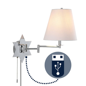David 18.5" Modern French Country Swing Arm Plug-In or Hardwired Iron LED Star Wall Sconce with Pull-Chain and USB Charging Port - JONATHAN Y